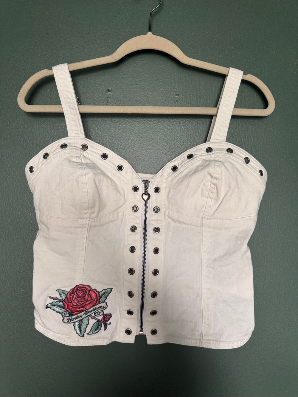 Harley Davidson y2k Zip-Front Rose Embroidered Bustier Tank Top